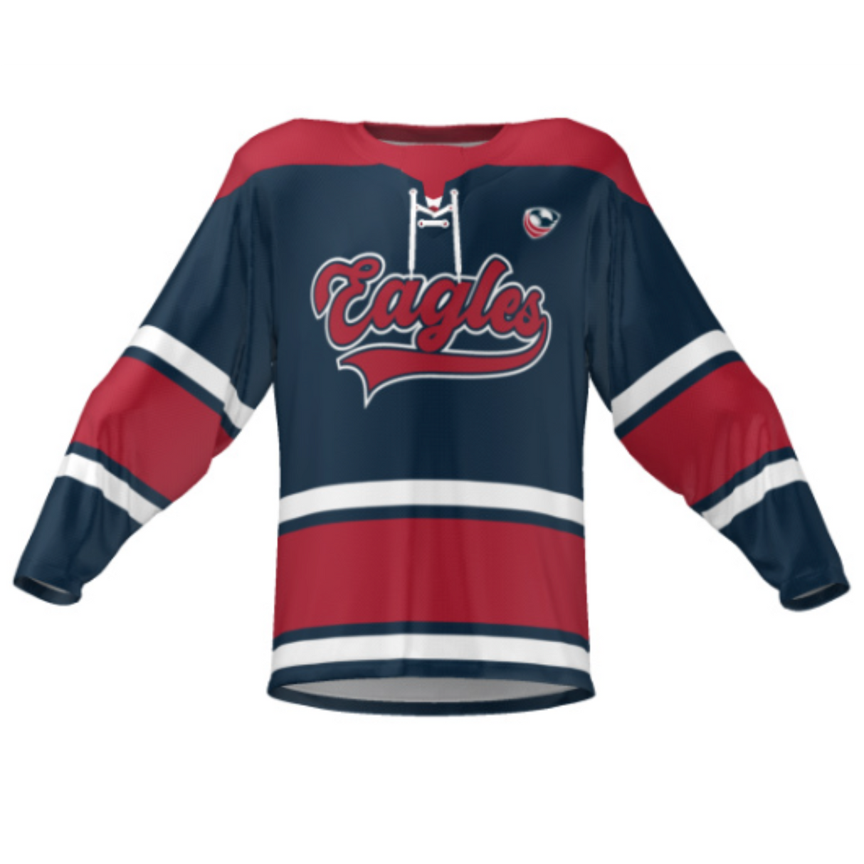 The Teamatical USA Rugby Classic Lace-Up Hockey Jersey features dark blue with red accents and "Eagles" script. It's made from snag-resistant fabric, has white accents on the sleeves and hem, and a small eagle logo on the shoulder.