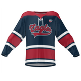 The Teamatical USA Rugby Classic Lace-Up Hockey Jersey features dark blue with red accents and "Eagles" script. It's made from snag-resistant fabric, has white accents on the sleeves and hem, and a small eagle logo on the shoulder.