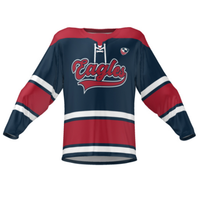 The Teamatical USA Rugby Classic Lace-Up Hockey Jersey features dark blue with red accents and "Eagles" script. It's made from snag-resistant fabric, has white accents on the sleeves and hem, and a small eagle logo on the shoulder.