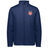 The EMB Augusta USA Rugby Original Repreve Jacket is navy blue, quilted, features a front zipper, and sports a USA shield logo on the left chest.