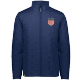 The EMB Augusta USA Rugby Original Repreve Jacket is navy blue, quilted, features a front zipper, and sports a USA shield logo on the left chest.