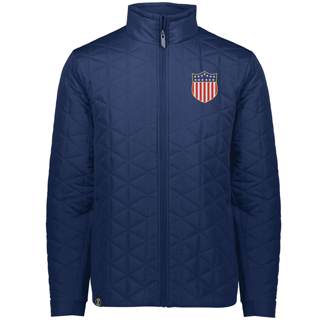 The EMB Augusta USA Rugby Original Repreve Jacket is navy blue, quilted, features a front zipper, and sports a USA shield logo on the left chest.