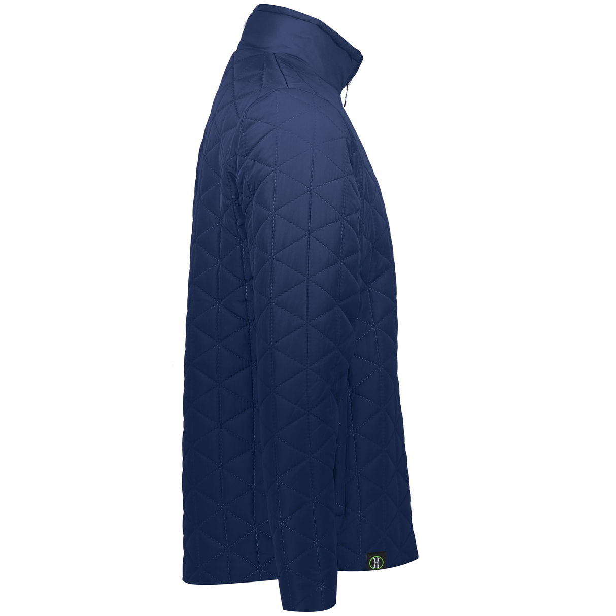 Side view of the EMB Augusta USA Rugby Original Repreve Jacket in blue recycled polyester with a quilted design, high collar, and zipper, displayed on a plain white background.