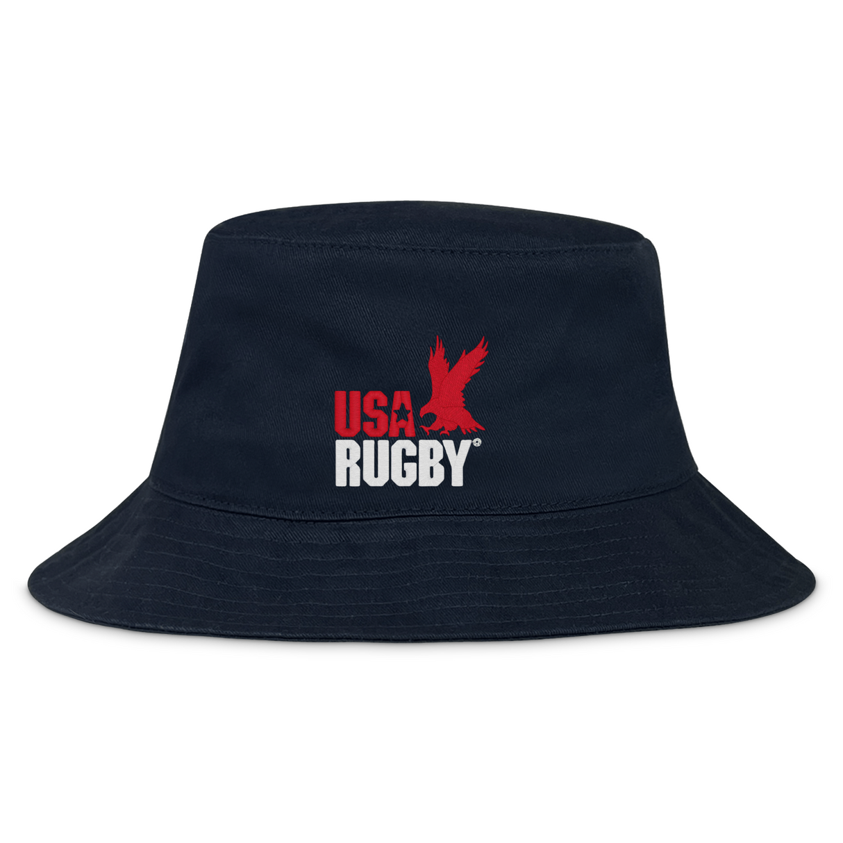 The EMB S&S Activewear USA Rugby Throwback Crusher Bucket Hat is made from durable cotton twill and features the red USA Rugby logo with an eagle above "RUGBY" in white on the front, combining style and sun protection.