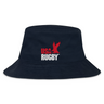 The EMB S&S Activewear USA Rugby Throwback Crusher Bucket Hat is made from durable cotton twill and features the red USA Rugby logo with an eagle above "RUGBY" in white on the front, combining style and sun protection.