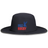 The EMB Augusta USA Rugby Throwback Legend Boonie Hat is black with moisture-wicking fabric and features red and blue text.