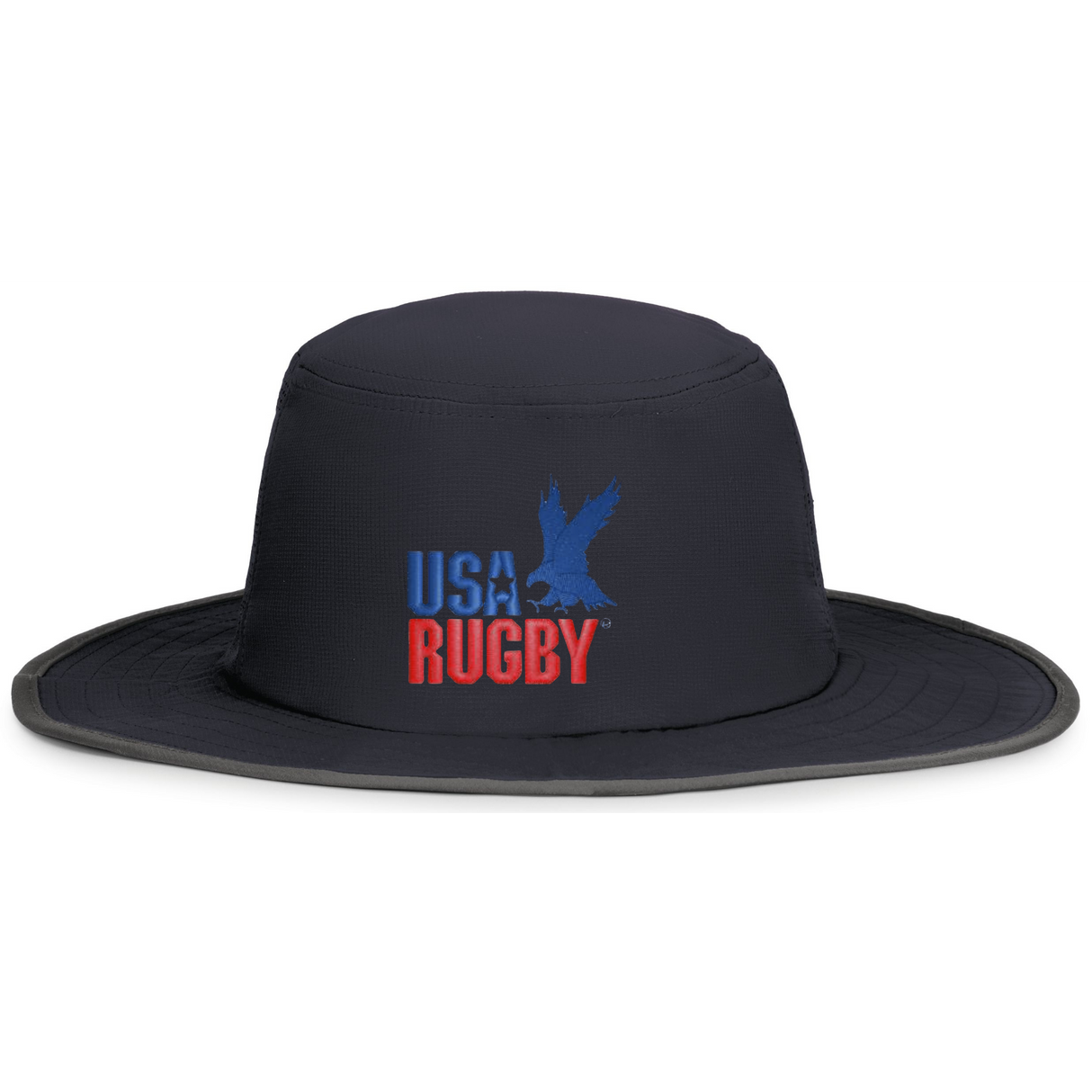 The EMB Augusta USA Rugby Throwback Legend Boonie Hat is black with moisture-wicking fabric and features red and blue text.