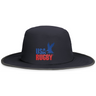 The EMB Augusta USA Rugby Throwback Legend Boonie Hat is black with moisture-wicking fabric and features red and blue text.