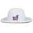 The EMB Augusta USA Rugby Throwback Legend Boonie Hat is a white, moisture-wicking wide-brim hat featuring the official logo with a blue eagle and red-blue text on the front for cool, comfortable style.