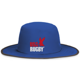 Stay cool and comfortable in the EMB Augusta USA Rugby Throwback Legend Boonie Hat, featuring a blue wide brim with black trim and the embroidered red USA Rugby logo with eagle on the front. Moisture-wicking; perfect for every match.