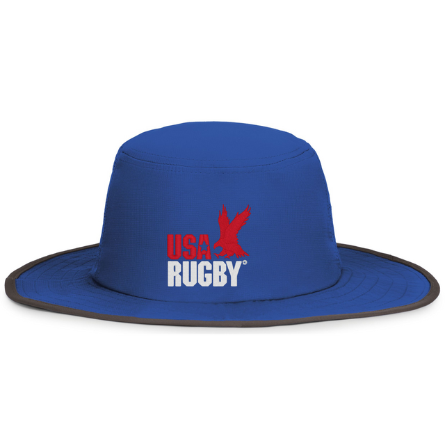 Stay cool and comfortable in the EMB Augusta USA Rugby Throwback Legend Boonie Hat, featuring a blue wide brim with black trim and the embroidered red USA Rugby logo with eagle on the front. Moisture-wicking; perfect for every match.
