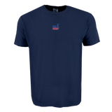 The USA Rugby Elevated Throwback Comfort Tee by EMB S&S Activewear features a navy blue design with a small red and blue "USA Rugby" logo centered on the chest, from the Through the Decades Collection.