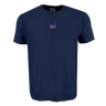 The USA Rugby Elevated Throwback Comfort Tee by EMB S&S Activewear features a navy blue design with a small red and blue "USA Rugby" logo centered on the chest, from the Through the Decades Collection.