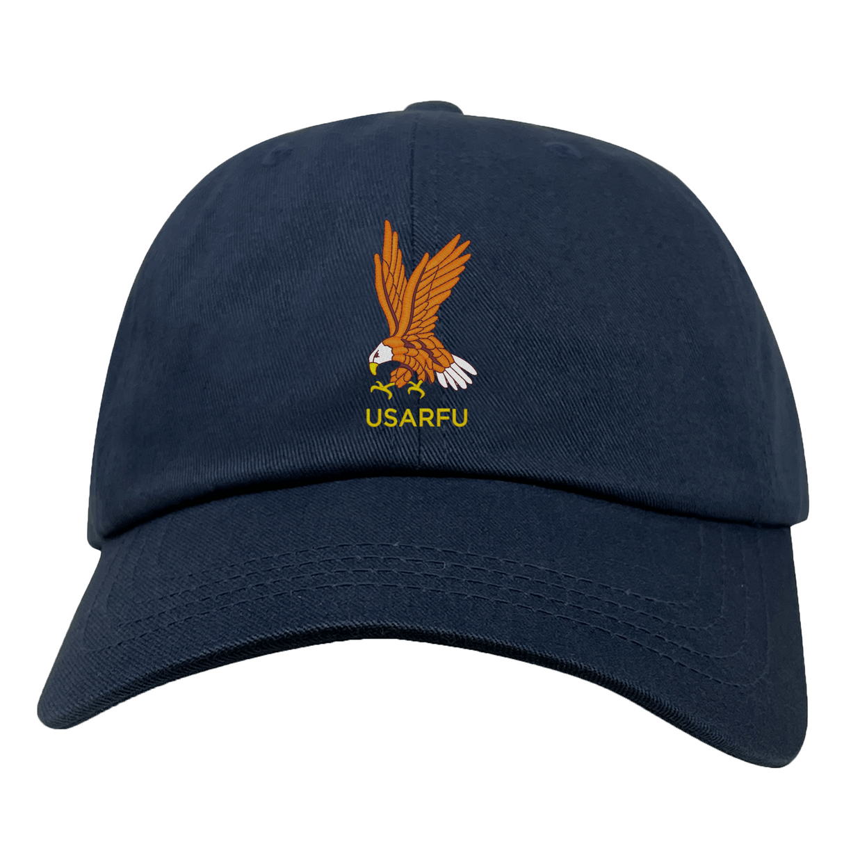 Celebrate 50 years of USA Rugby with the EMB S&S Activewear USA Rugby Heritage 50th Anniversary Dad Cap, featuring an embroidered eagle holding a rugby ball above "USARFU"—a must-have for any fan.