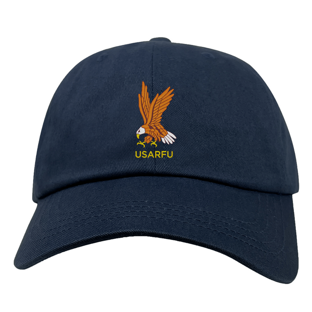 Celebrate 50 years of USA Rugby with the EMB S&S Activewear USA Rugby Heritage 50th Anniversary Dad Cap, featuring an embroidered eagle holding a rugby ball above "USARFU"—a must-have for any fan.
