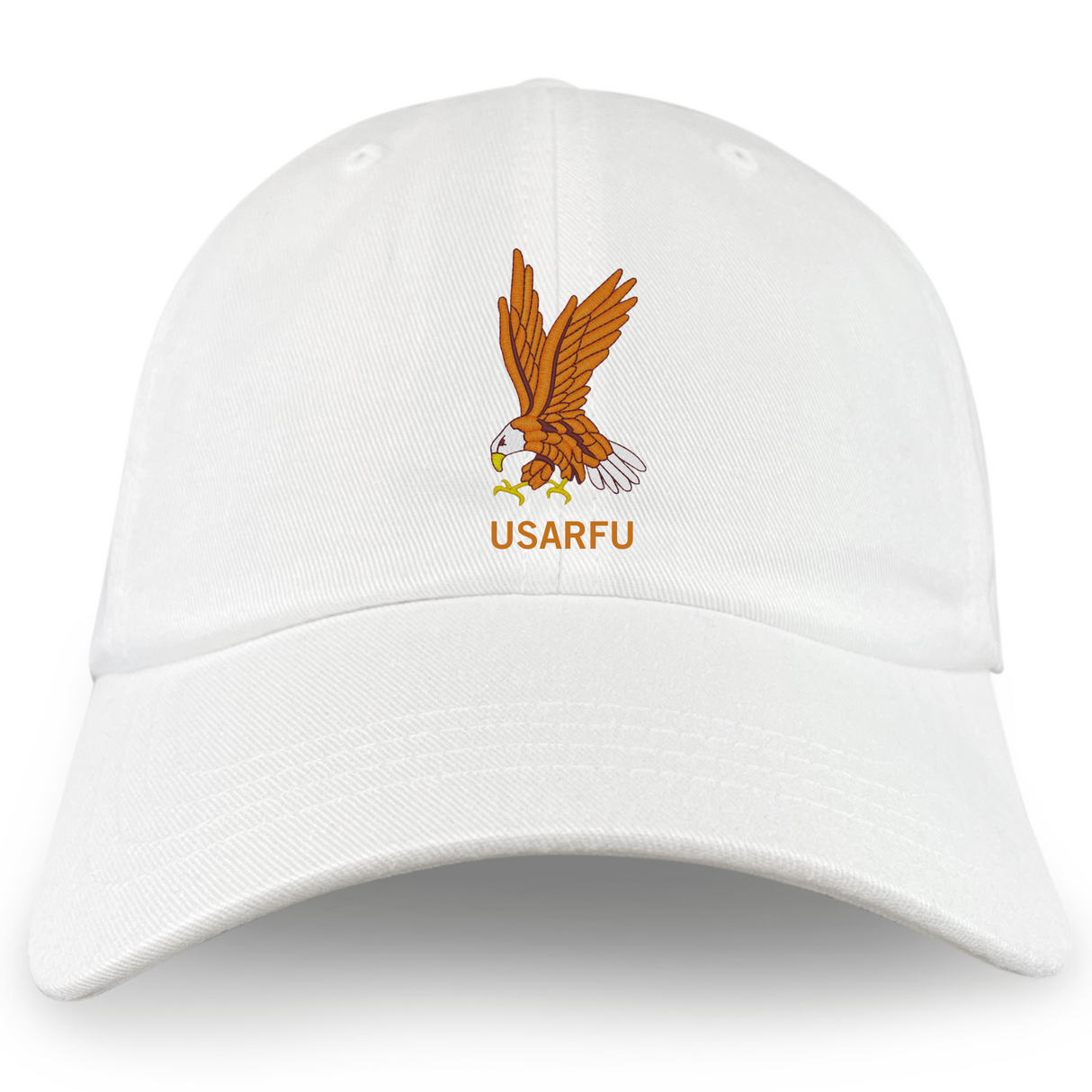 The EMB S&S Activewear USA Rugby Heritage 50th Anniversary Dad Cap in white showcases an embroidered brown eagle with outstretched wings above "USARFU" in orange—ideal for devoted USA Rugby fans.
