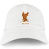 The EMB S&S Activewear USA Rugby Heritage 50th Anniversary Dad Cap in white showcases an embroidered brown eagle with outstretched wings above "USARFU" in orange—ideal for devoted USA Rugby fans.