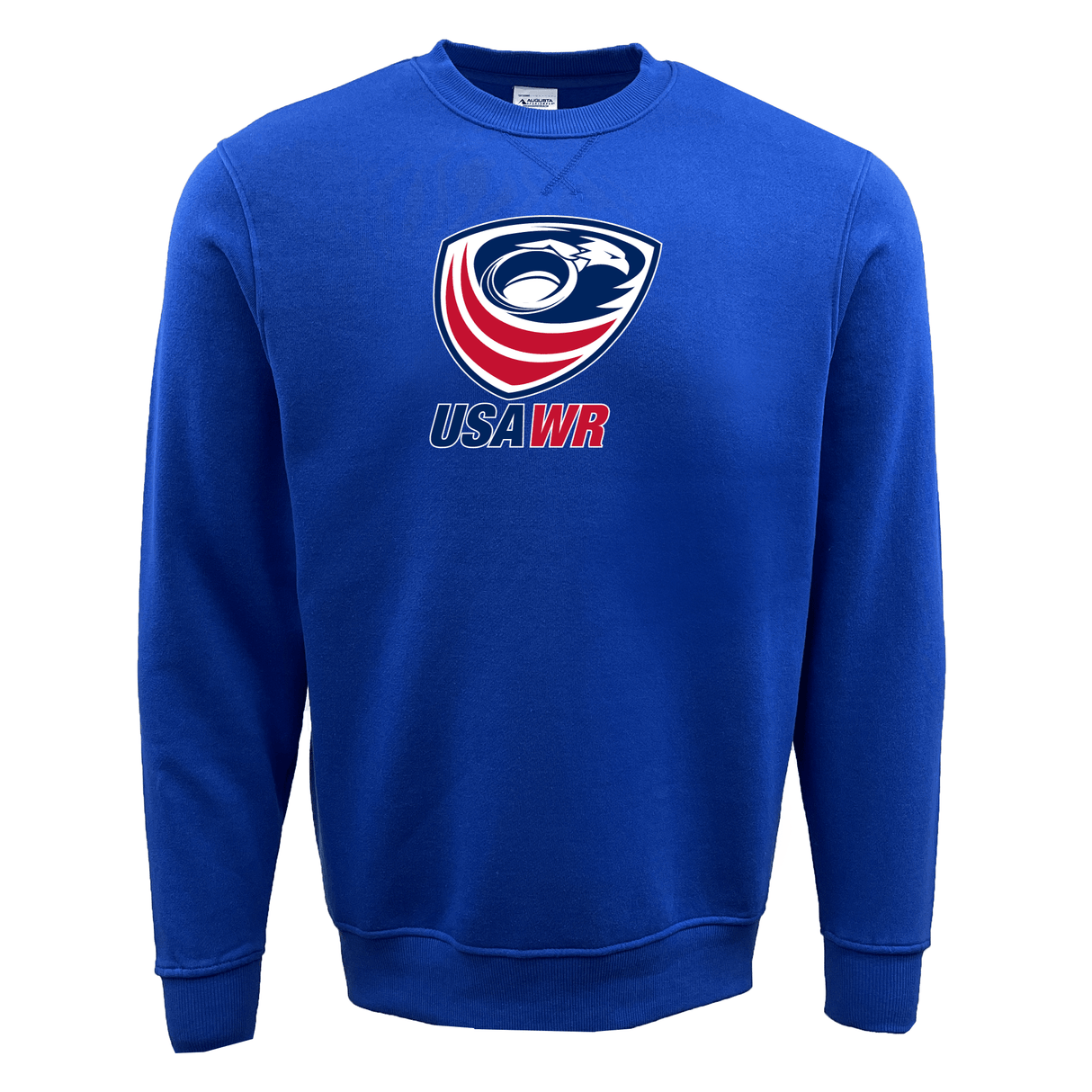 A blue WRS Augusta USA Wheelchair Rugby Fleece Crewneck Sweatshirt with the Eagles logo on it.