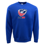 A blue WRS Augusta USA Wheelchair Rugby Fleece Crewneck Sweatshirt with the Eagles logo on it.
