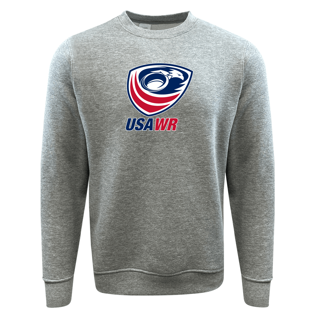 The WRS Augusta logo on a gray USA Wheelchair Rugby Fleece Crewneck Sweatshirt.