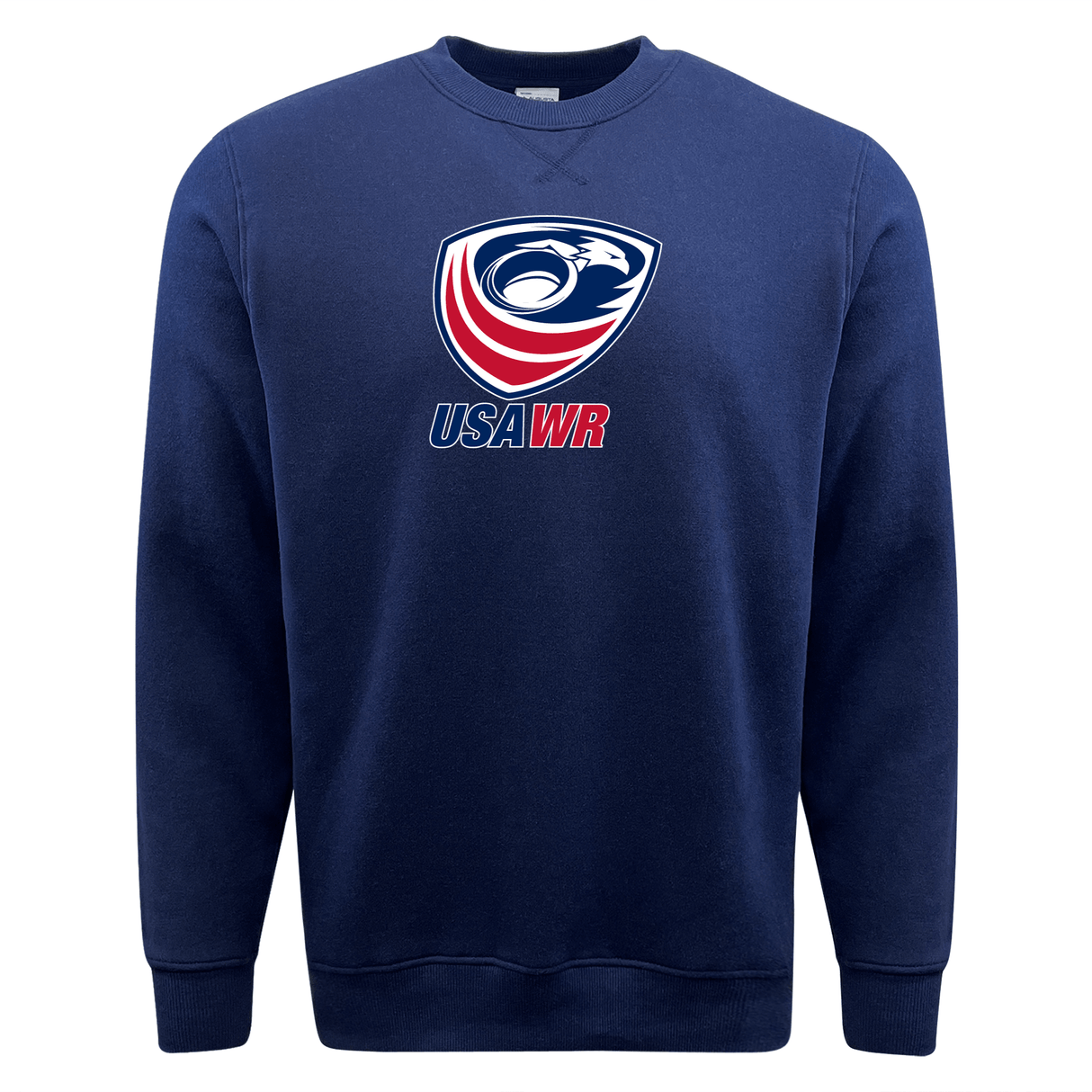 A navy USA Wheelchair Rugby fleece crewneck sweatshirt featuring the WRS Augusta men's national hockey team logo.