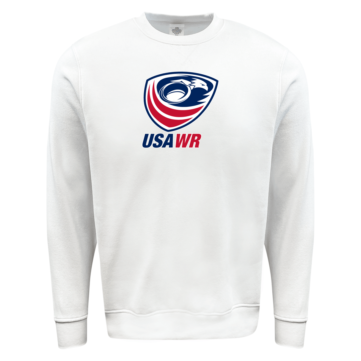 The WRS Augusta logo on a white USA Wheelchair Rugby Fleece Crewneck Sweatshirt.
