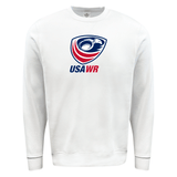 The WRS Augusta logo on a white USA Wheelchair Rugby Fleece Crewneck Sweatshirt.