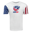 A white USA Wheelchair Rugby Stars and Stripes Logo Tee with the WRS LAT brand on it.