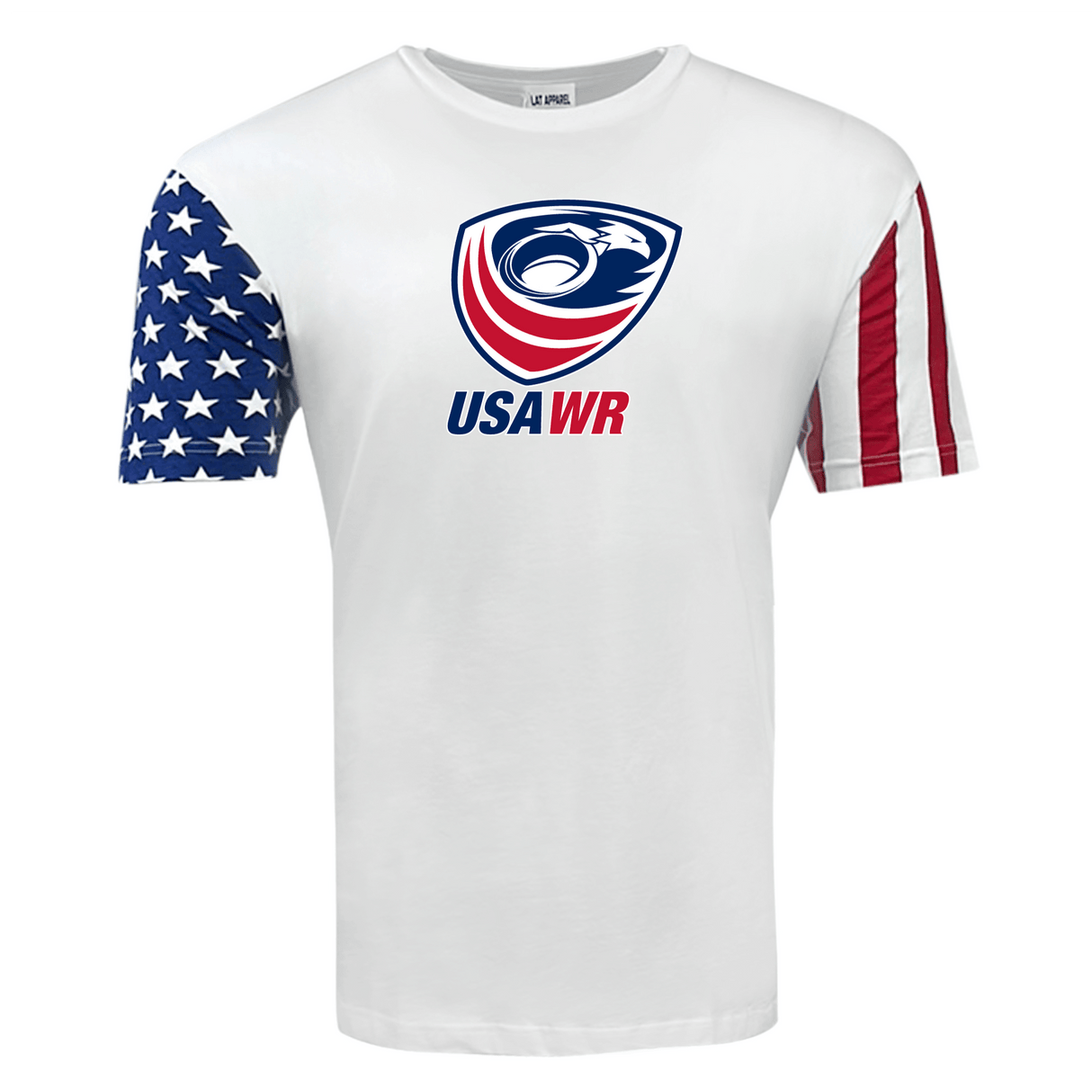A white USA Wheelchair Rugby Stars and Stripes Logo Tee with the WRS LAT brand on it.