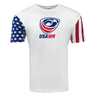 A white USA Wheelchair Rugby Stars and Stripes Logo Tee with the WRS LAT brand on it.