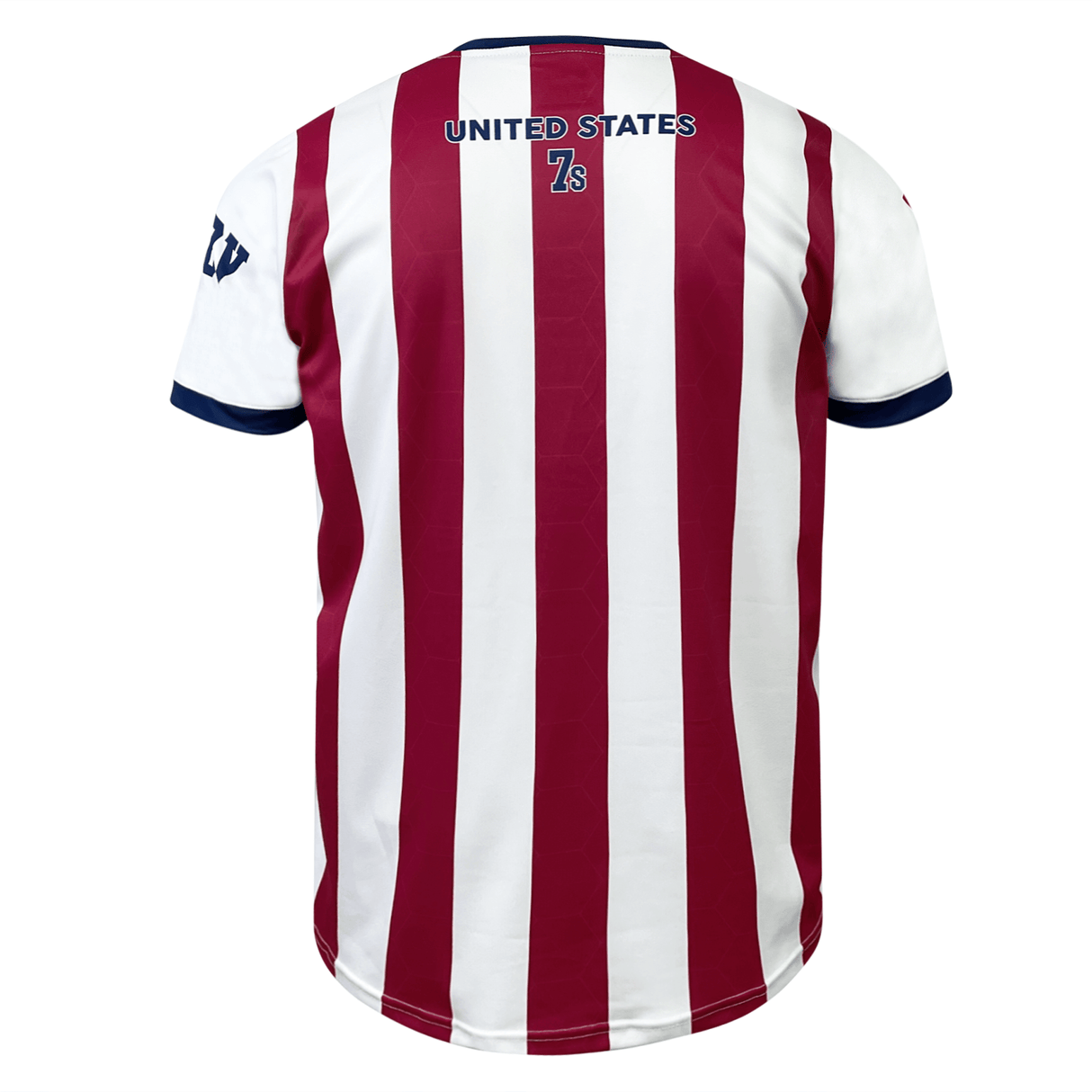 Back view of a striped red and white American flag supporter jersey with "UNITED STATES 7s" text on the upper back and a number patch on the right sleeve, perfect for any dedicated Nations of Rugby fan. This is the Admiral Nations of Rugby United States Sevens Rugby Flag Jersey.
