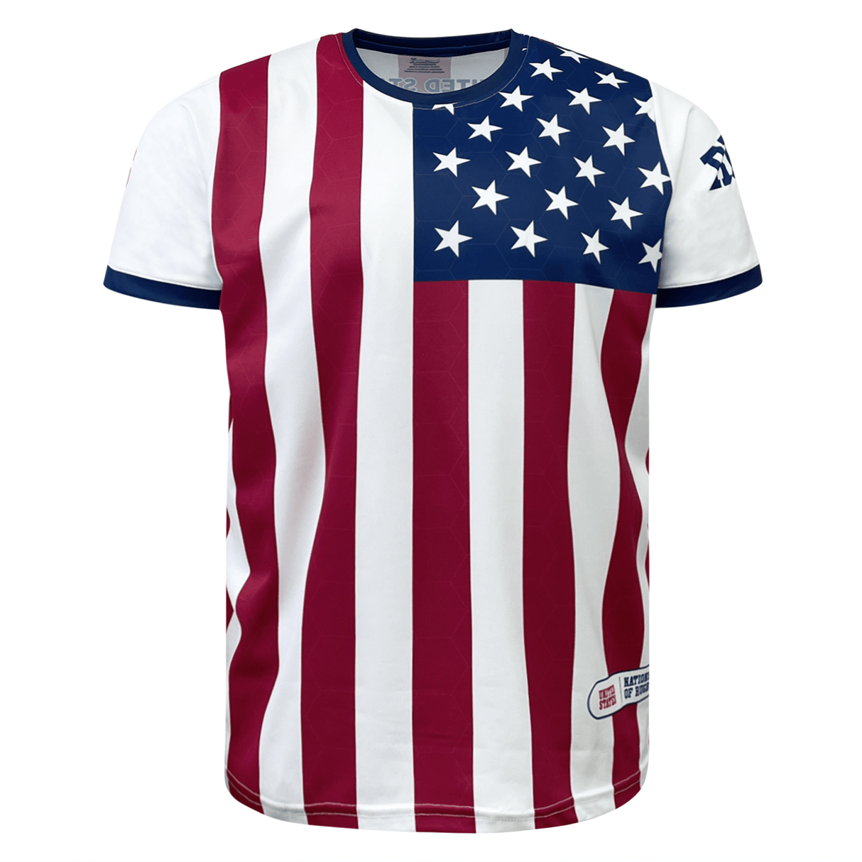 Front view of a short-sleeved Nations of Rugby United States Sevens Rugby Flag Jersey by Admiral featuring stars and stripes, predominantly in red, white, and blue.