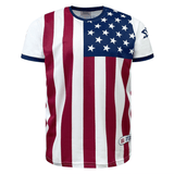 Front view of a short-sleeved Nations of Rugby United States Sevens Rugby Flag Jersey by Admiral featuring stars and stripes, predominantly in red, white, and blue.