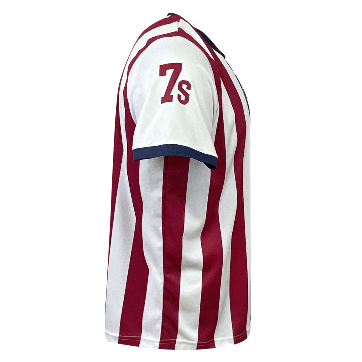 Side view of an Admiral Nations of Rugby United States Sevens Rugby Flag Jersey, reminiscent of an American flag supporter jersey, featuring the number '7' and letter 's' in red on the sleeve, with blue trim on the sleeve edge.