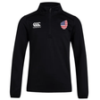 The EMB Canterbury USA Club Shield 1/4 Zip Training Top is a black long-sleeve ideal for the rugby season, featuring the iconic CCC logo and an American flag emblem on the chest.