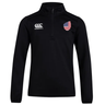 The EMB Canterbury USA Club Shield 1/4 Zip Training Top is a black long-sleeve ideal for the rugby season, featuring the iconic CCC logo and an American flag emblem on the chest.