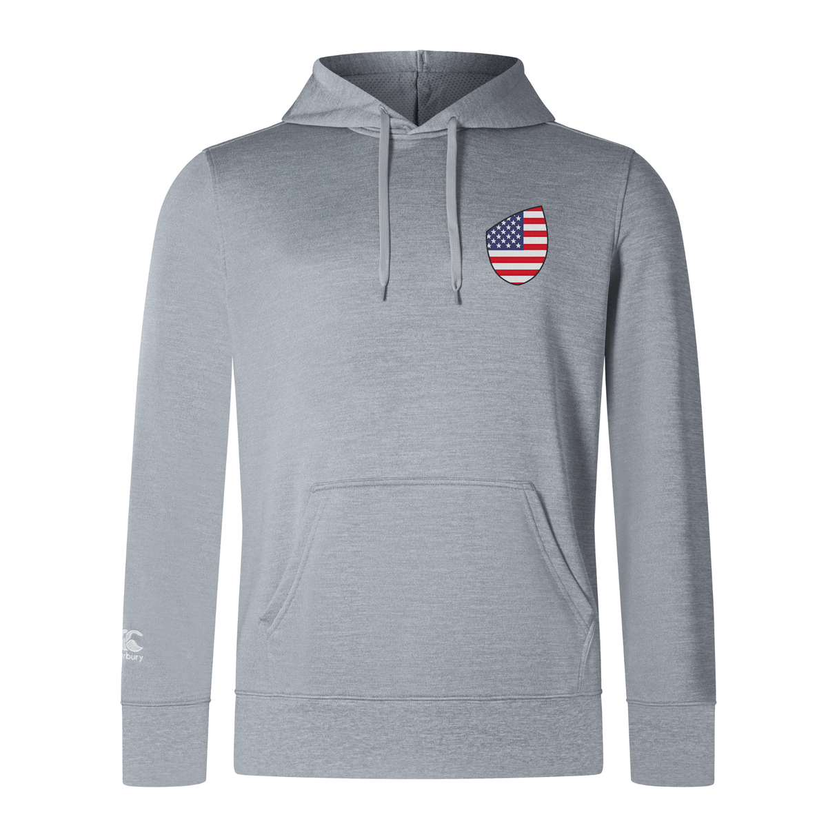 The EMB Canterbury USA Shield Club Lightweight Hoodie is gray, lightweight, and features a front pocket, drawstrings, and an American flag shield emblem on the left chest—ideal for rugby supporters eager to flaunt their style while cheering for their team.