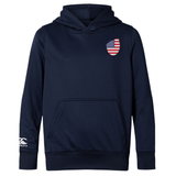 The USA Shield Club Lightweight Hoodie by EMB Canterbury is a lightweight navy hoodie with a pouch pocket, featuring an embroidered USA shield design on the chest and a Canterbury logo on the sleeve, ideal for rugby supporters.