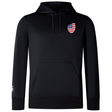 The EMB Canterbury USA Shield Club Lightweight Hoodie is a black sweatshirt with a drawstring hood, featuring a small USA shield on the left chest and a white logo on the left sleeve, ideal for rugby fans to display their American pride.