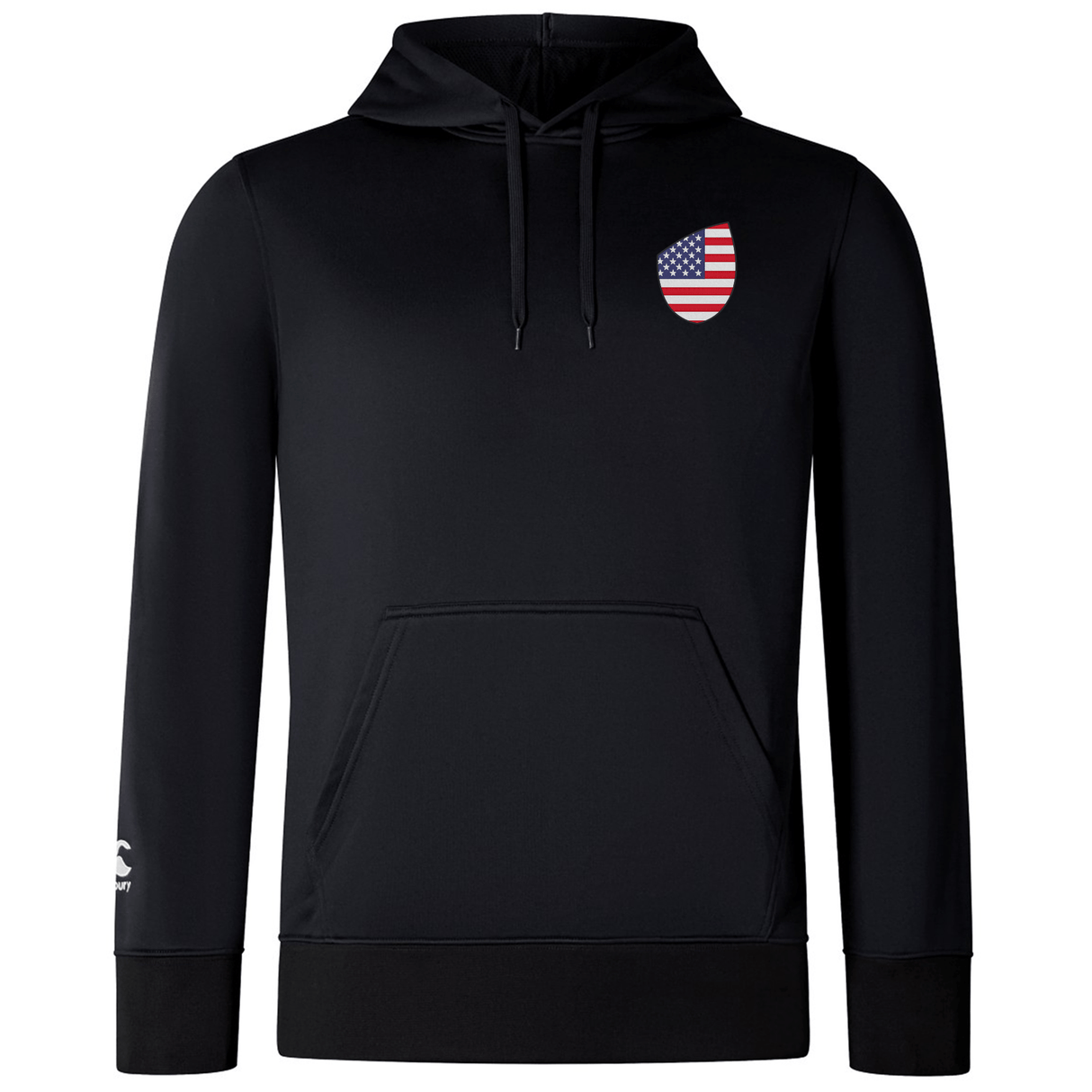 The EMB Canterbury USA Shield Club Lightweight Hoodie is a black sweatshirt with a drawstring hood, featuring a small USA shield on the left chest and a white logo on the left sleeve, ideal for rugby fans to display their American pride.