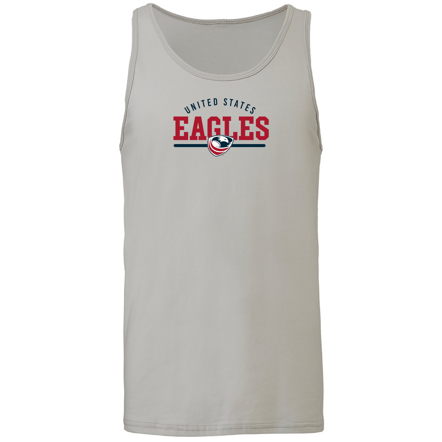 The WRS S&S Activewear USA Rugby Wordmark Jersey Tank Top is a light gray unisex combed cotton tank featuring “United States Eagles” and an eagle logo in red, blue, and black—perfect for rugby fans.