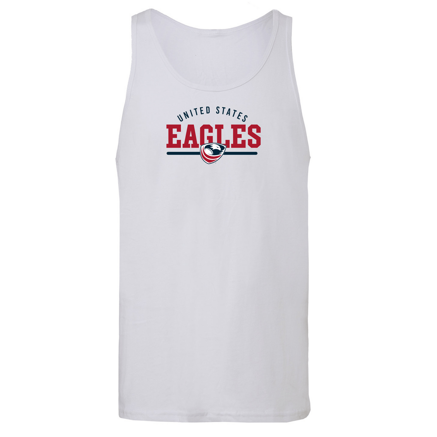 White sleeveless tank top with "United States Eagles" and an eagle logo in red and blue print on the front, resembling a classic USA Rugby Wordmark Jersey Tank Top by WRS Alpha Broder.