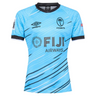 The Fiji 7's 25/26 Replica Away Jersey by Umbro features a light blue design with black collar and sleeve trim, palm logo, and bold blue and black diagonal lines.