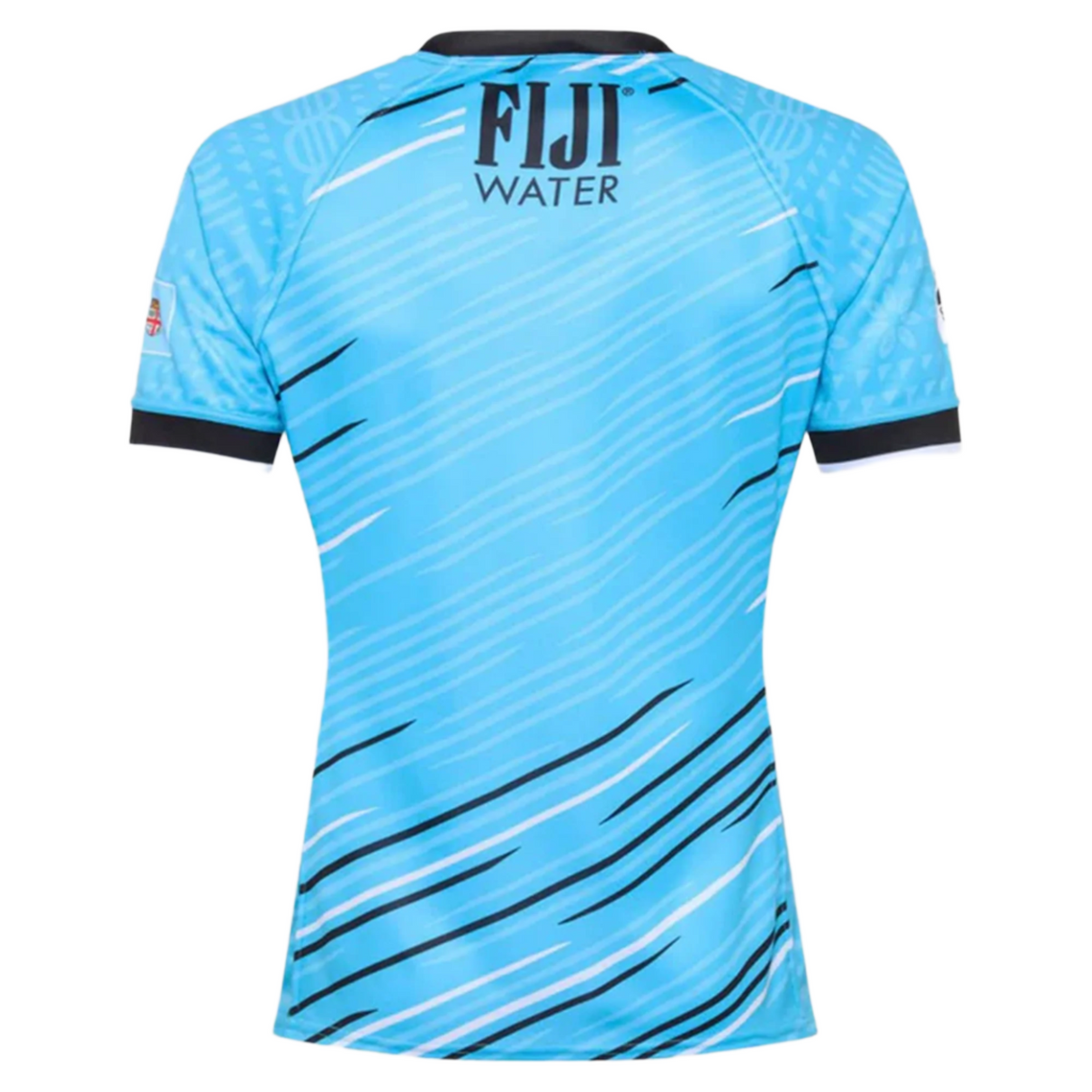 The Fiji 7's 25/26 Replica Away Jersey by Umbro features a blue design with black and white diagonal stripes, short sleeves, and "FIJI WATER" on the upper back—replicating the iconic Fiji sevens look.