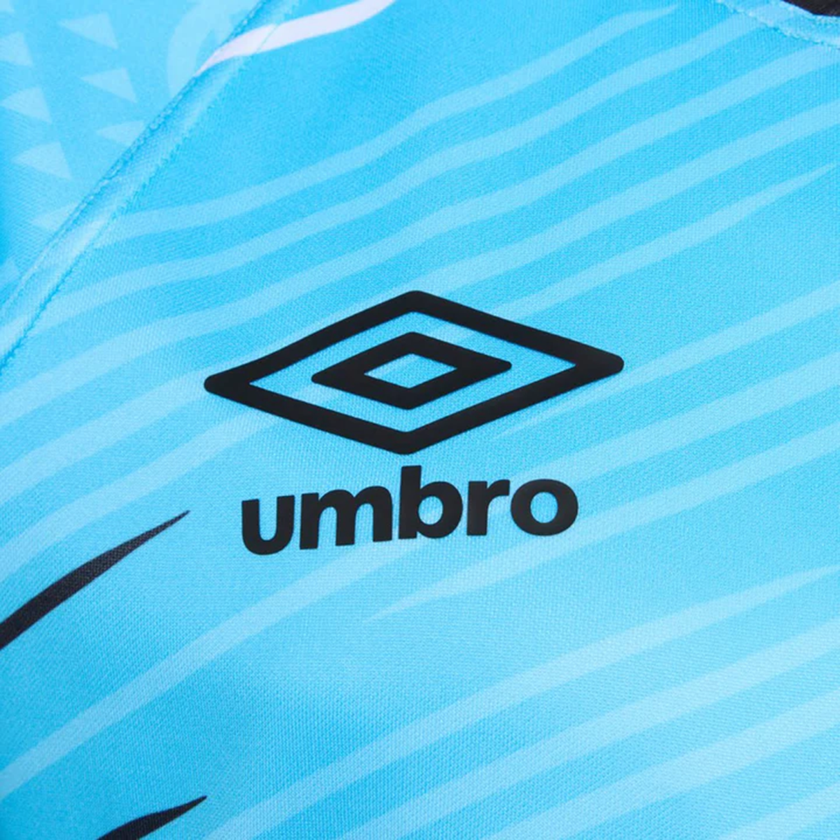Close-up of the Fiji 7's 25/26 Replica Away Jersey by Umbro in light blue, featuring the black Umbro logo and brand name at the center.