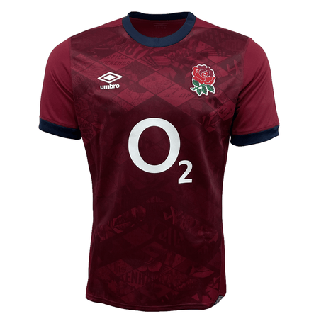 The England Replica Alternate Jersey 24/25 by Umbro showcases a striking geometric design in maroon and black, complete with the iconic England rugby rose emblem and a prominent O2 sponsor logo on the front.
