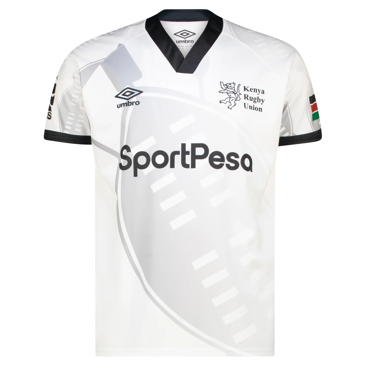 Introducing the Kenya 7's 25/26 Replica Away Jersey by Umbro: a white jersey with a black collar, featuring the Umbro logo, Kenya Rugby Union crest, SportPesa sponsor logo, and iconic Kenyan flag on the sleeve—a perfect tribute to Kenya Rugby.