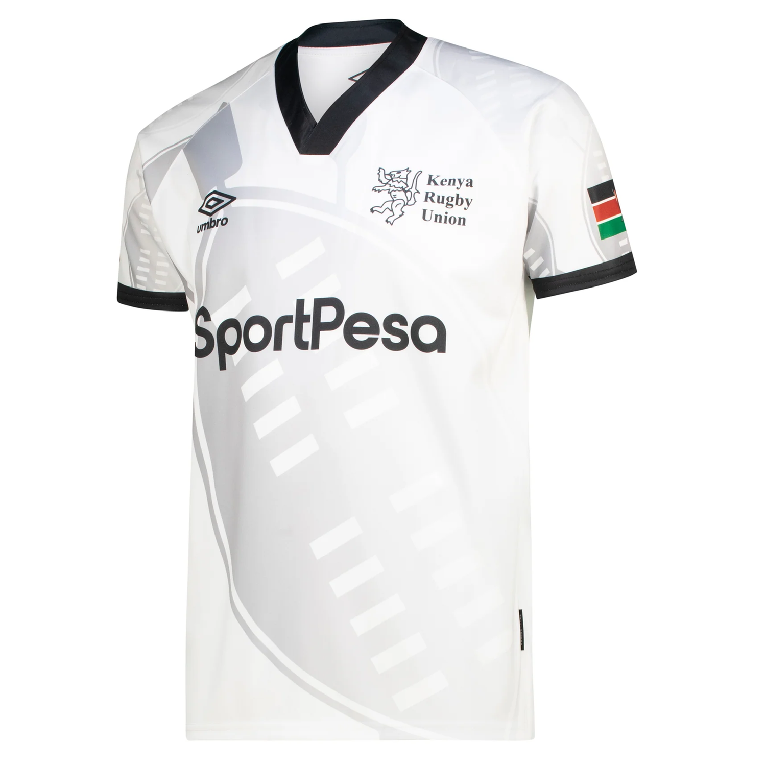 The white Kenya 7's 25/26 Replica Away Jersey by Umbro features black trim, the SportPesa logo, the Umbro logo, and the Kenyan flag on the sleeve.