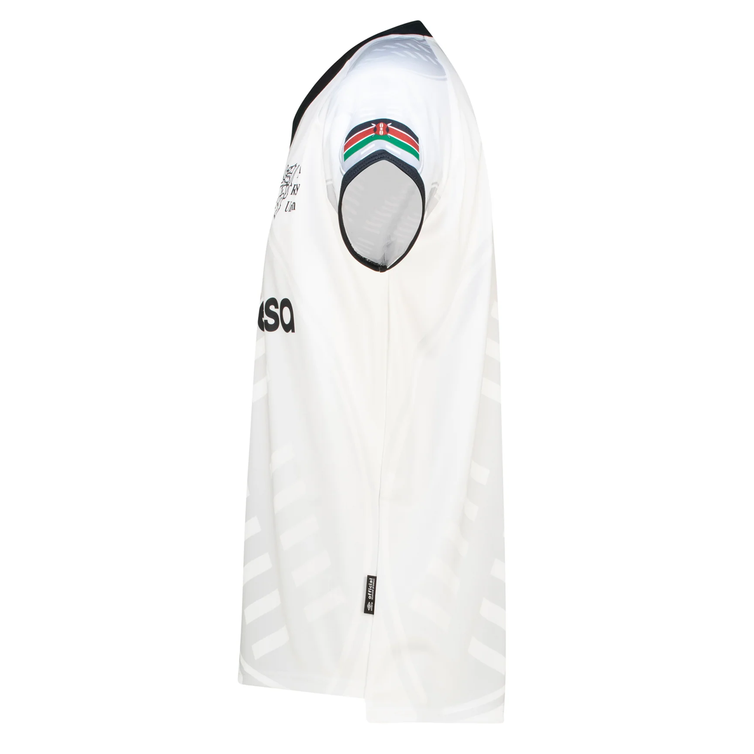 Side view of the sleek Kenya 7's 25/26 Replica Away Jersey by Umbro, featuring a black collar and an Italian flag detail on the sleeve, reminiscent of Umbro's iconic style.