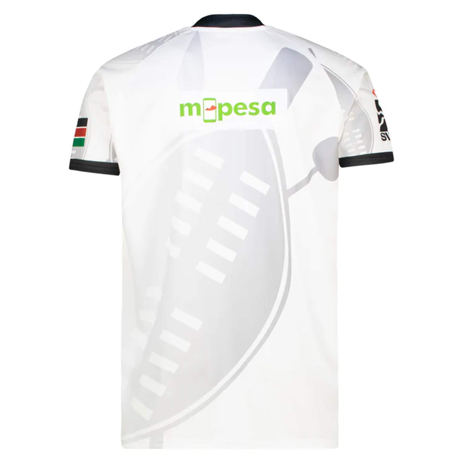 The back of the Kenya 7's 25/26 Replica Away Jersey by Umbro features black details, the Kenyan flag on the sleeve, and an "m-pesa" logo, making it perfect for team fans.
